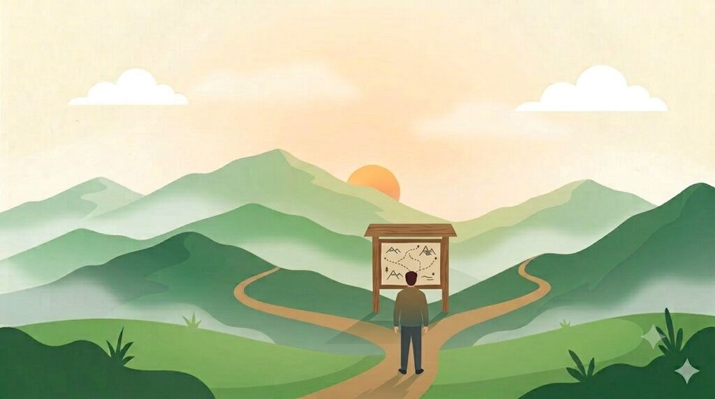 分かれ道の手前でトレイル案内板を確かめる後ろ姿のイラスト