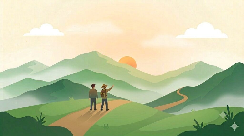 朝の山のトレイルでガイドと並んで道の先を見る後ろ姿のイラスト